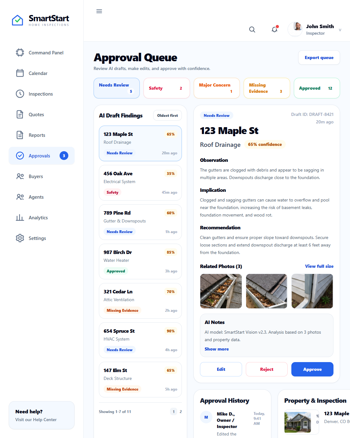 SmartStart approval queue screenshot preview.