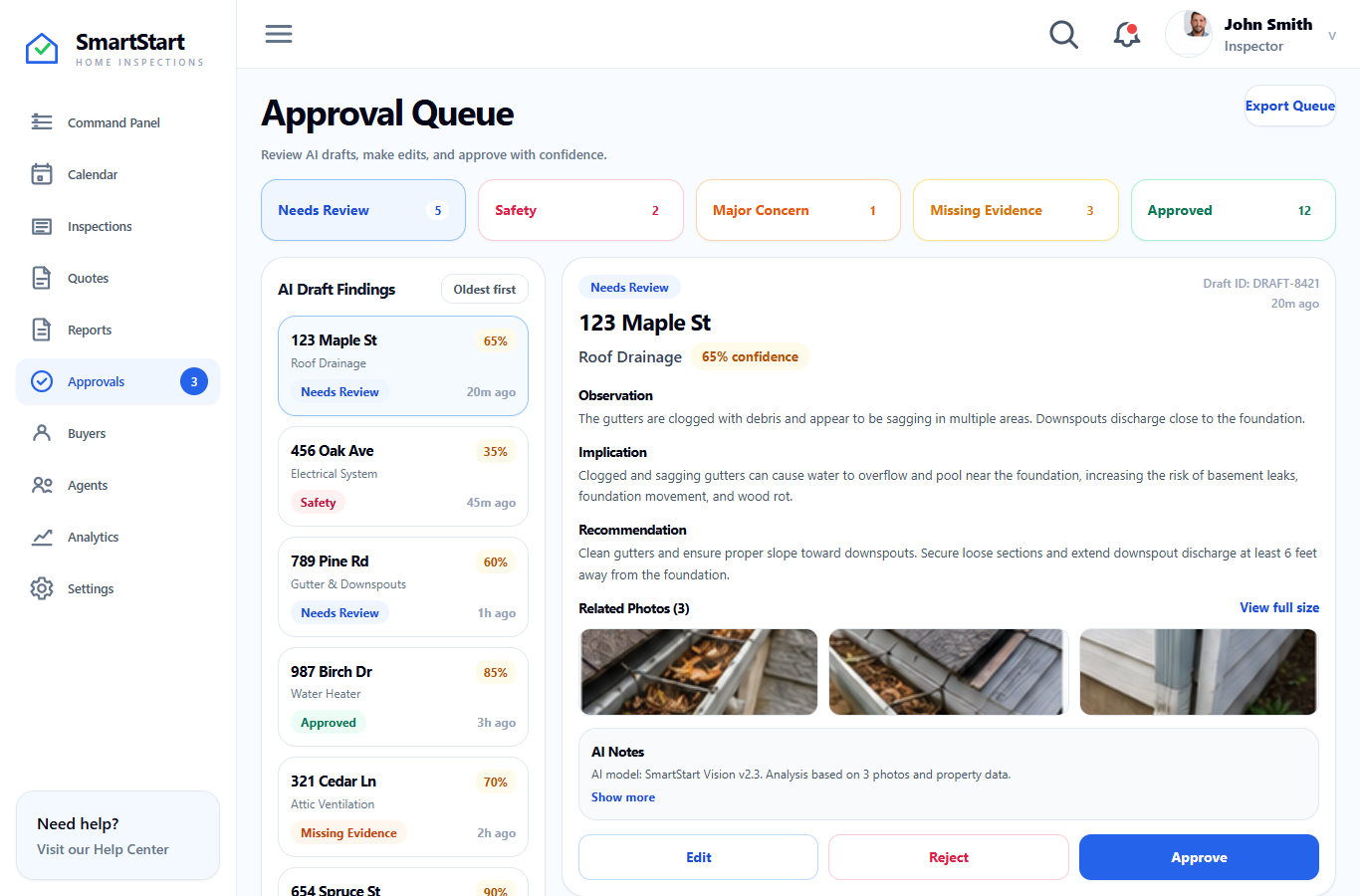 SmartStart approval queue screenshot preview.