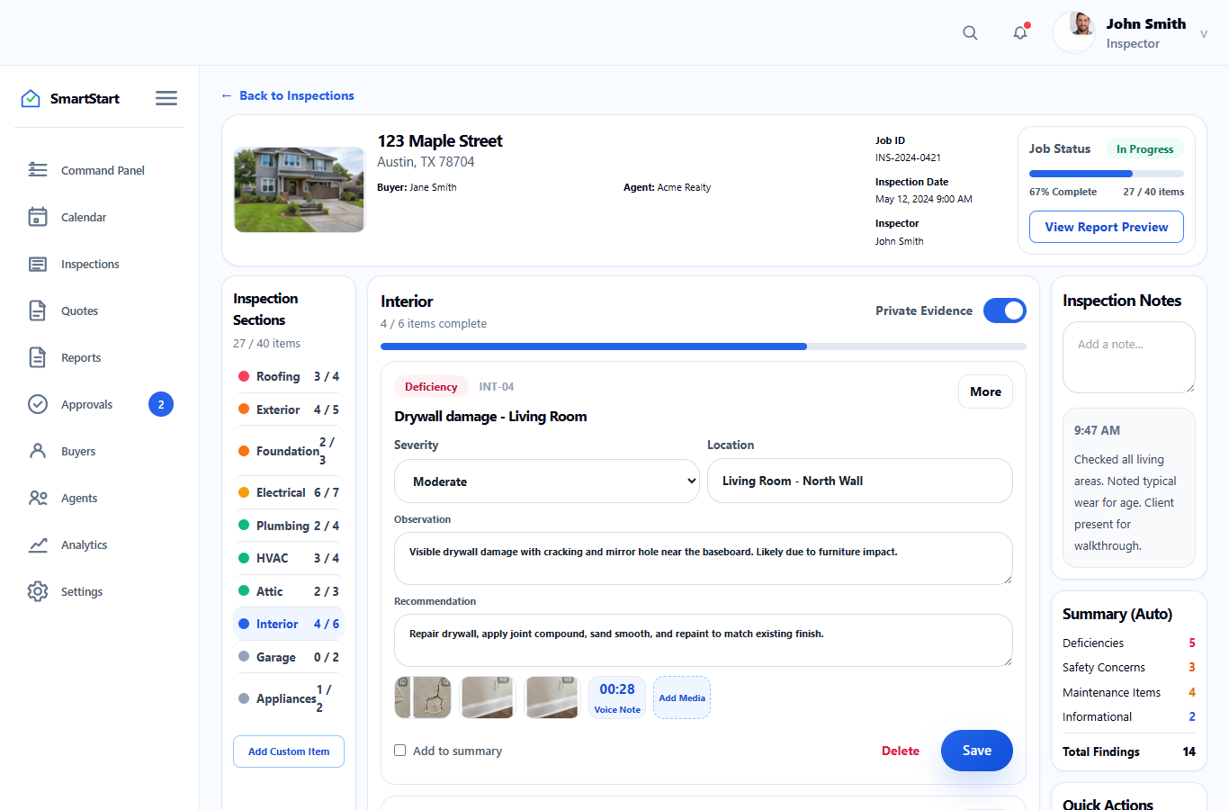 SmartStart inspection room screenshot preview.